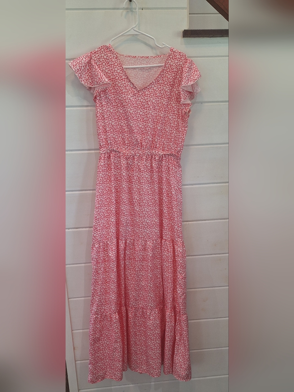 Floral Pink Maxi Dress with Ruffle Sleeves
